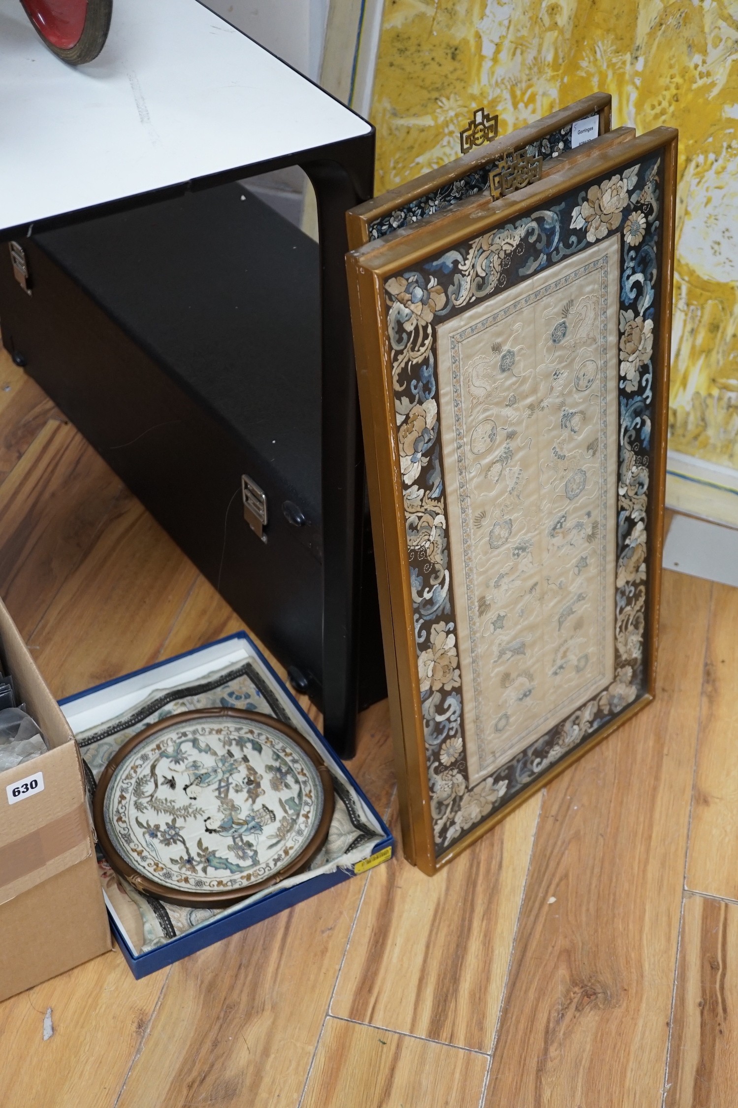 Three framed Chinese embroidered silk sleeve panels, 71 x 37cm, together with two others